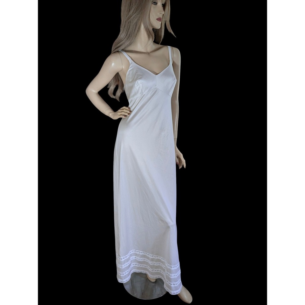 Vintage 80s Long White Nylon Slip Dress Size Med | Bridal Lace Trim Maxi Slip - Picture 5 of 8